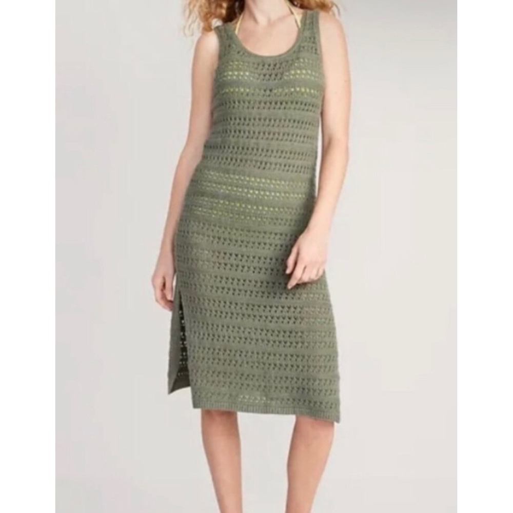 Old Navy Olive Green Pointelle Knit Sleeveless Midi Dress Coverup Size M